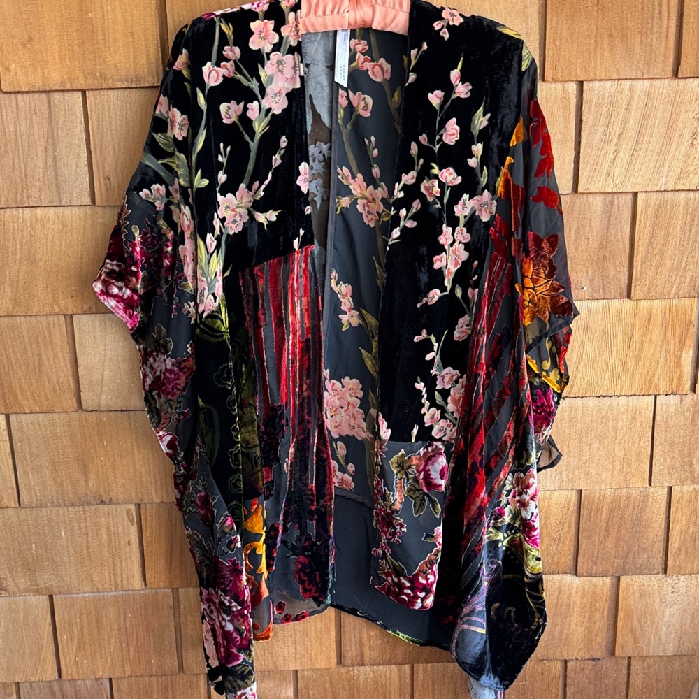 Floreat Black Floral Velvet Kimono Jacket with Pink & Red Accents